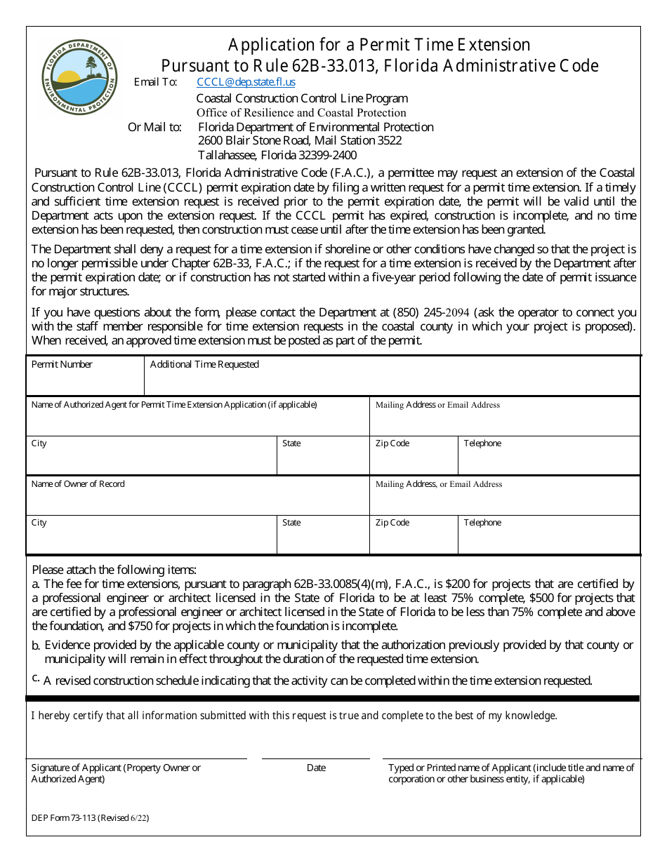DEP Form 73-113 Application for a Permit Time Extension Pursuant to Rule 62b-33.013, Florida Administrative Code - Florida, Page 1