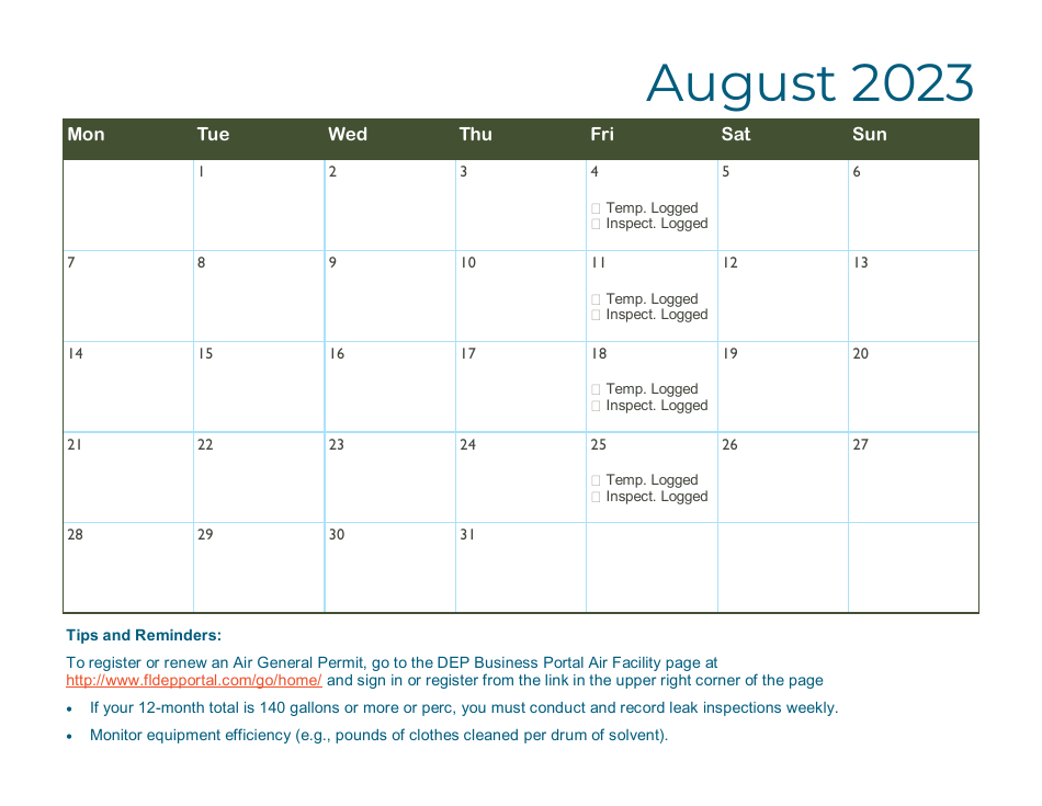 Compliance Calendar for Florida Perchloroethylene Dry Cleaners - Florida, Page 20
