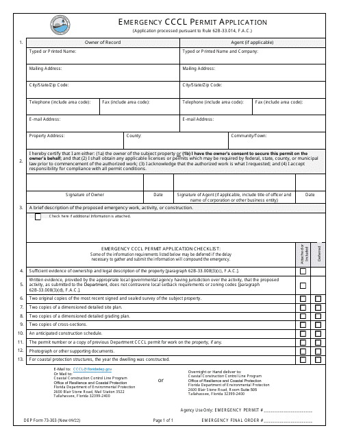 DEP Form 73-303 Emergency Cccl Permit Application - Florida