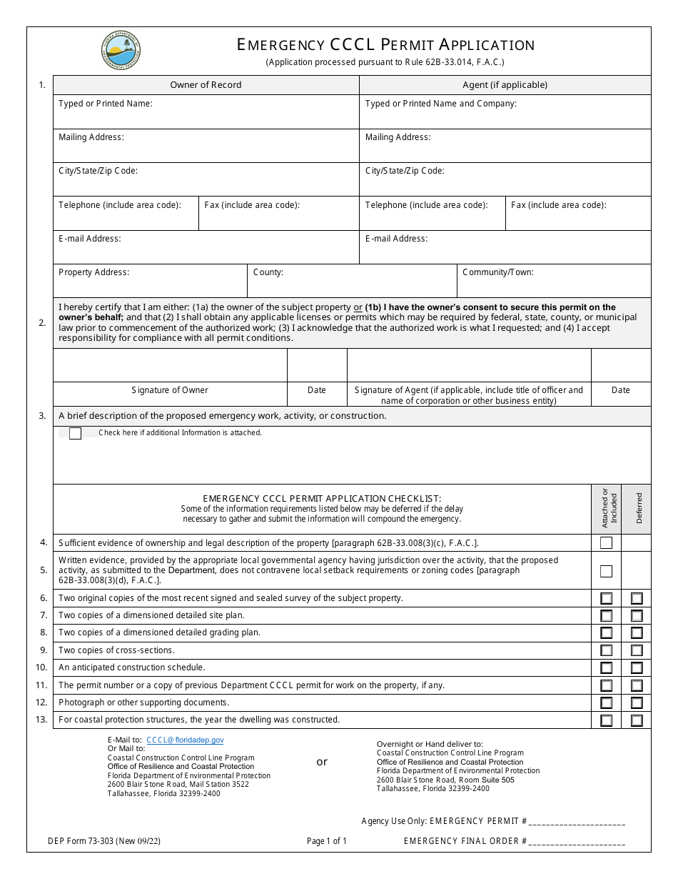 DEP Form 73-303 Emergency Cccl Permit Application - Florida, Page 1