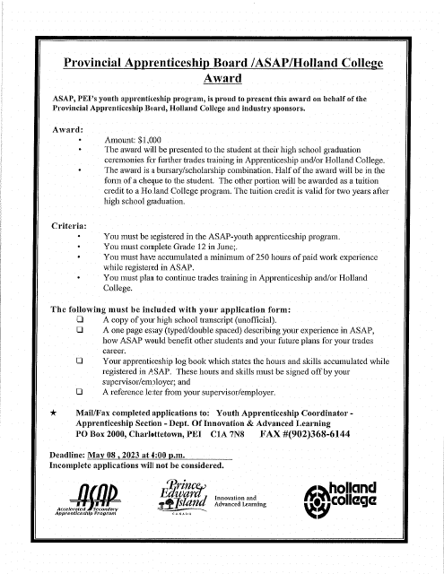 Asap/Holland College Award Application Form - Prince Edward Island, Canada, 2023