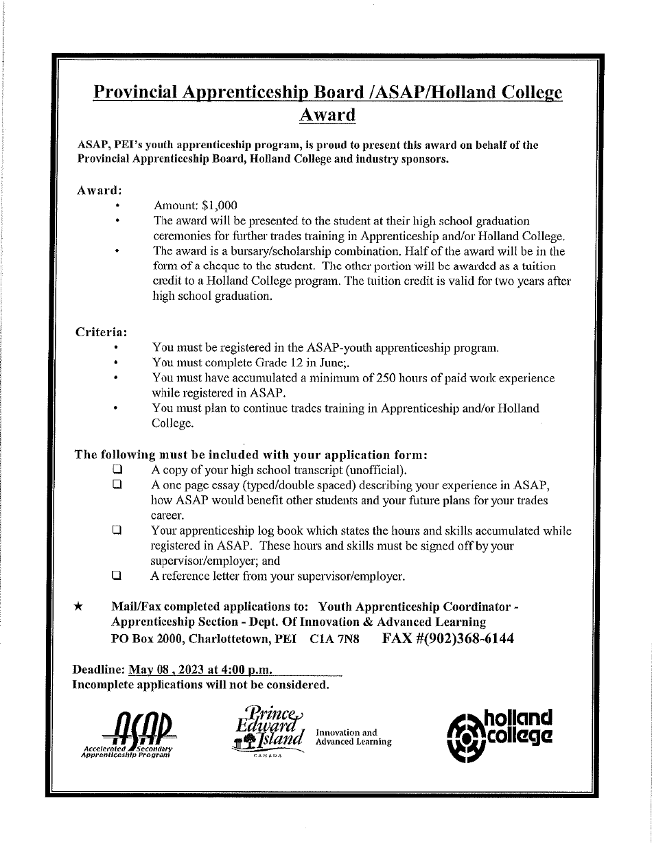 Asap / Holland College Award Application Form - Prince Edward Island, Canada, Page 1