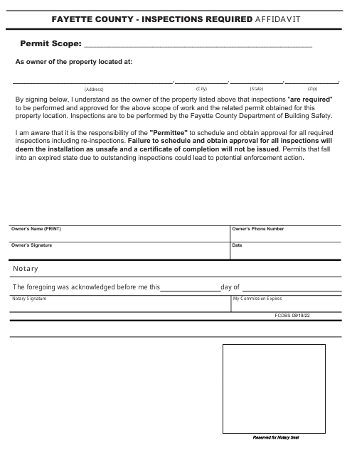 Inspections Required Affidavit - Fayette County, Georgia (United States) Download Pdf