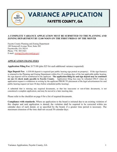 Document preview: Variance Application - Fayette County, Georgia (United States)