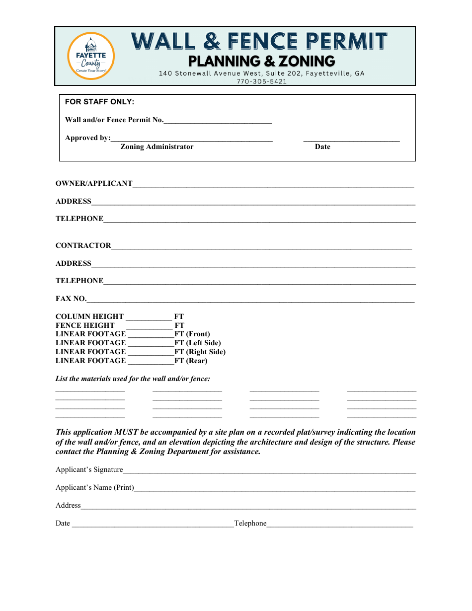 Wall  Fence Permit Application - Fayette County, Georgia (United States), Page 1
