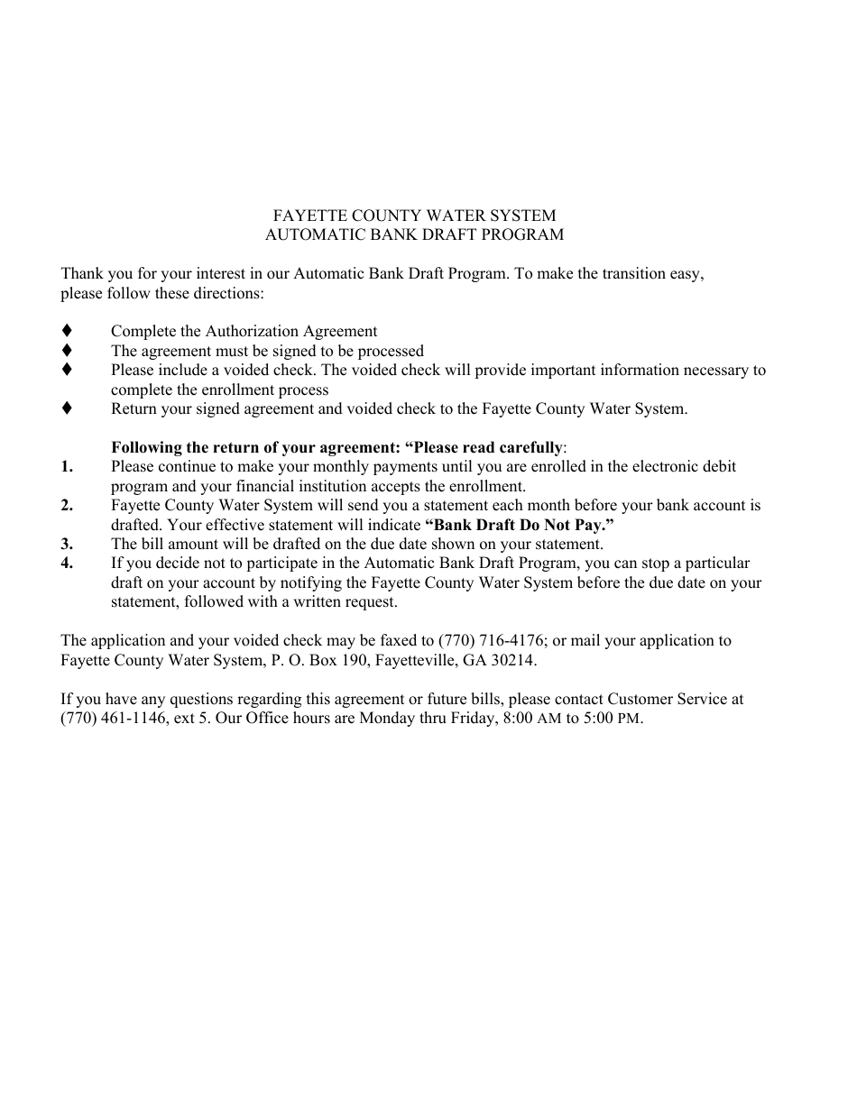 Authorization Agreement for Direct Payments (ACH Debits) for Fayette County Water System - Fayette County, Georgia (United States), Page 1
