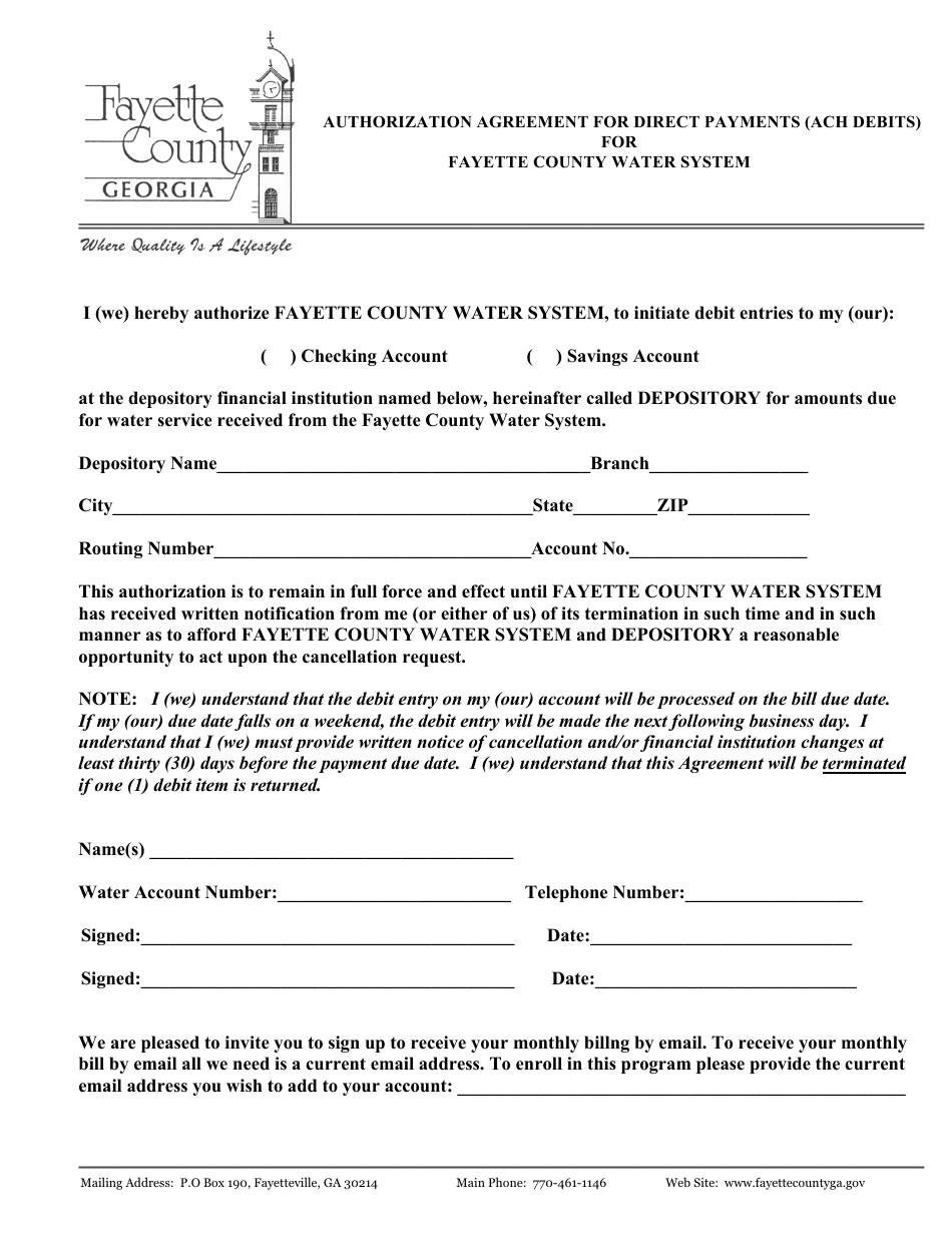 Authorization Agreement for Direct Payments (ACH Debits) for Fayette County Water System - Fayette County, Georgia (United States), Page 2