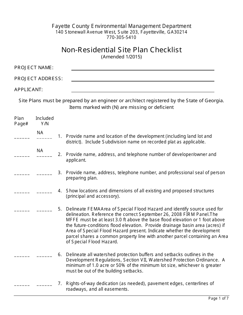 Non-residential Site Plan Checklist - Fayette County, Georgia (United States), Page 1