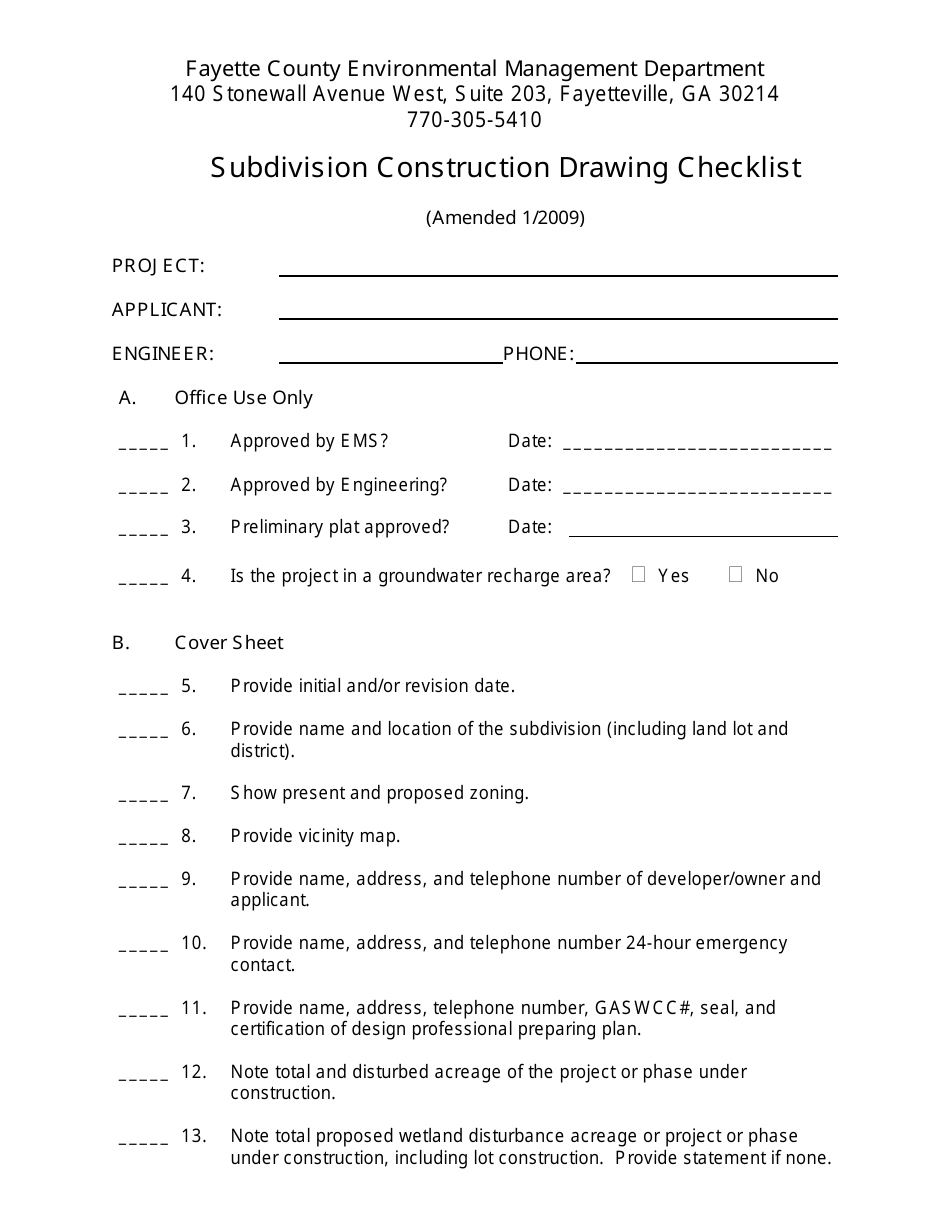 Subdivision Construction Drawing Checklist - Fayette County, Georgia (United States), Page 1