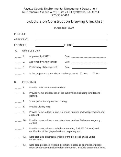 Subdivision Construction Drawing Checklist - Fayette County, Georgia (United States) Download Pdf