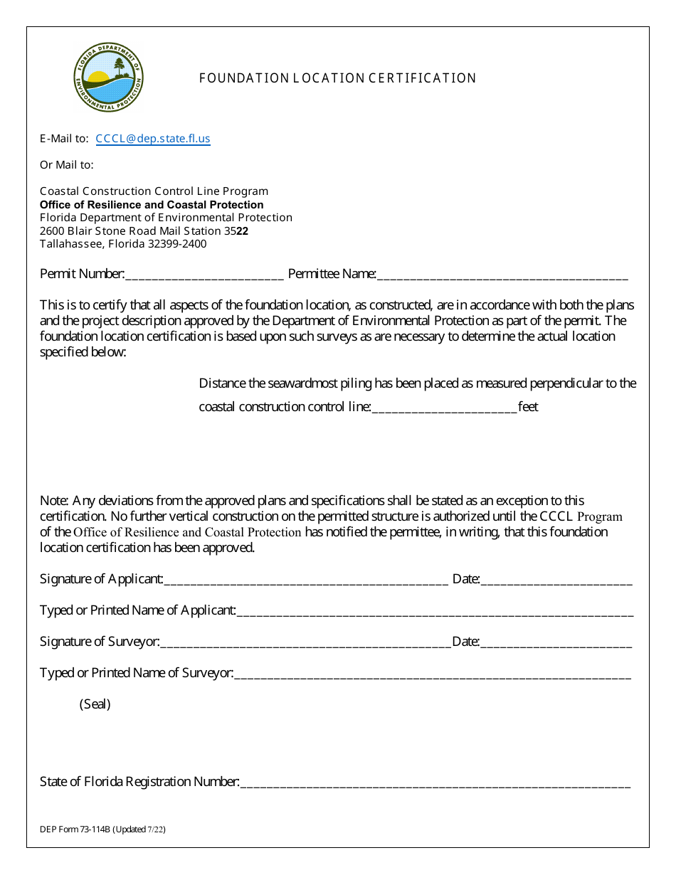 DEP Form 73-114B Foundation Location Certification - Florida, Page 1