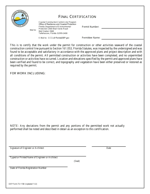 DEP Form 73-115B Final Certification - Florida