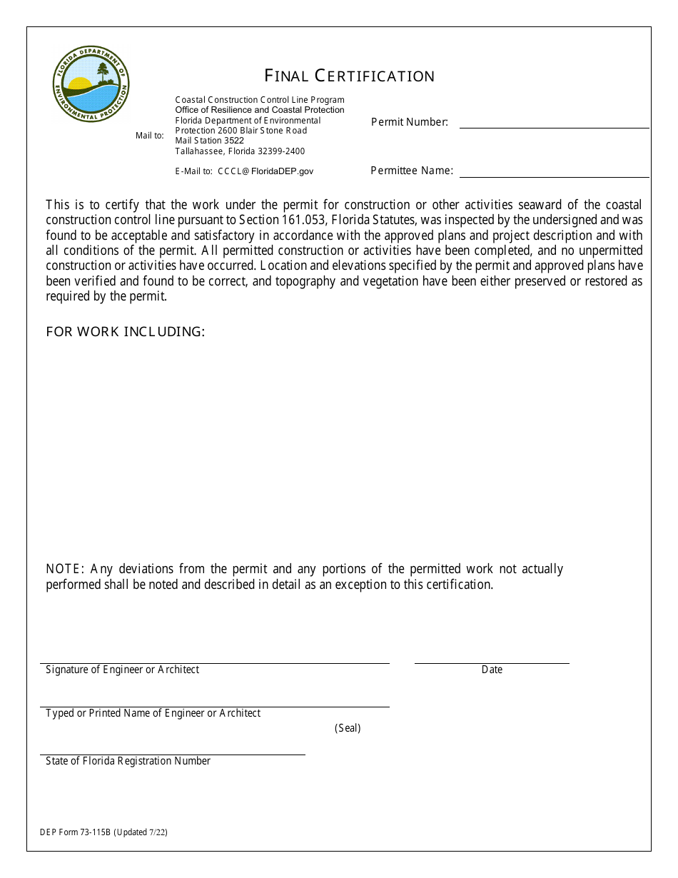 DEP Form 73-115B Final Certification - Florida, Page 1