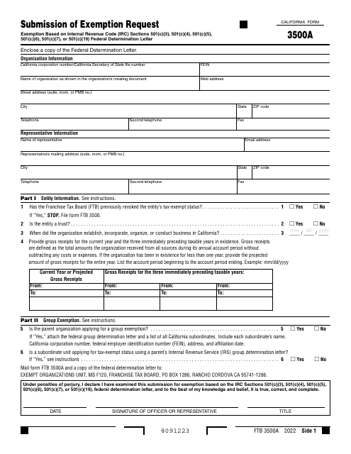 Form FTB3500A Submission of Exemption Request - California, 2022
