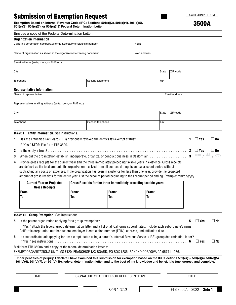 Form FTB3500A Submission of Exemption Request - California, Page 1