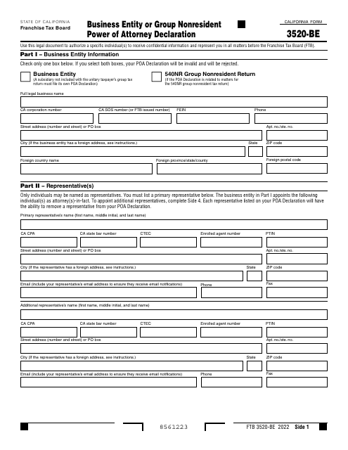 Form FTB3520-BE Business Entity or Group Nonresident Power of Attorney Declaration - California, 2022