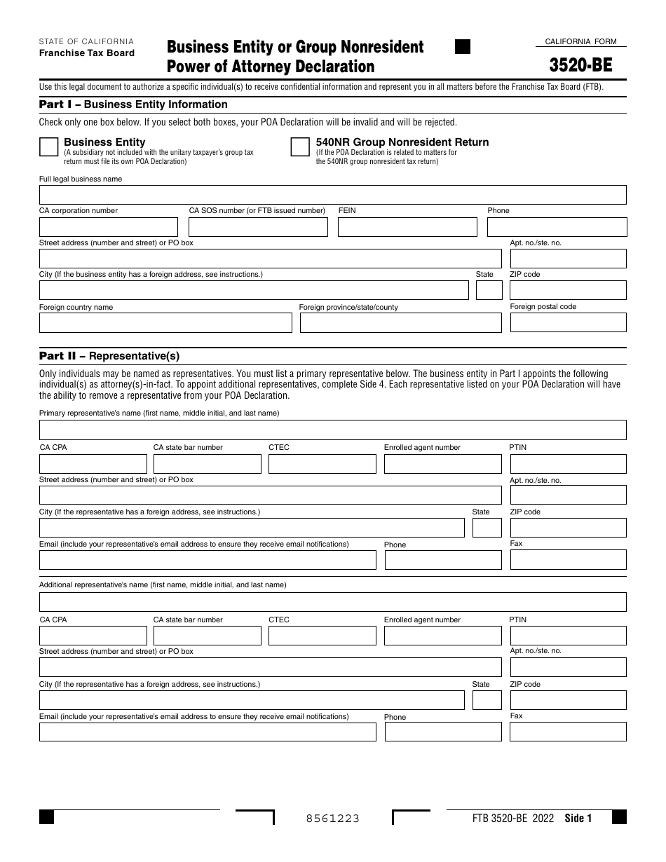 Form FTB3520-BE Business Entity or Group Nonresident Power of Attorney Declaration - California, Page 1
