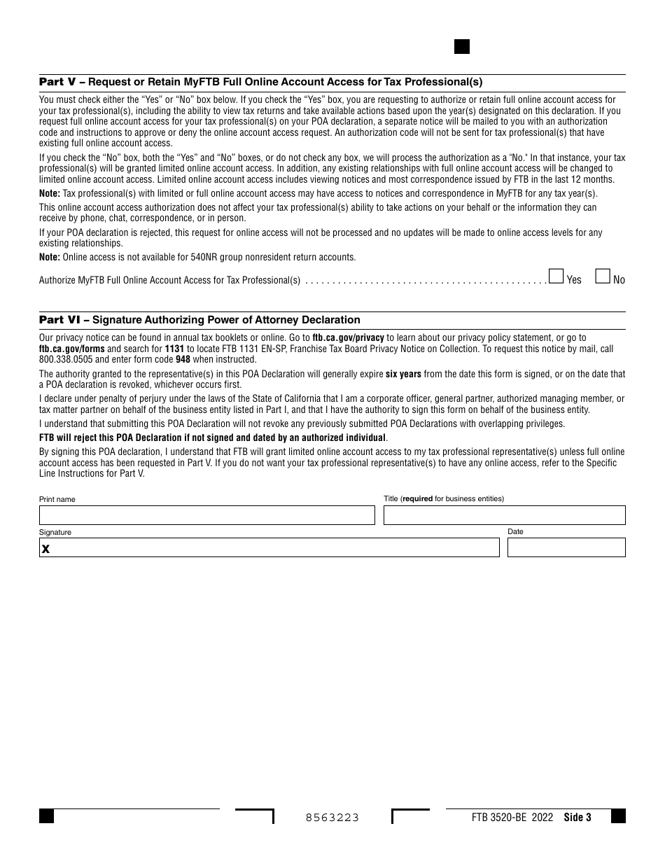 Form FTB3520-BE Business Entity or Group Nonresident Power of Attorney Declaration - California, Page 3