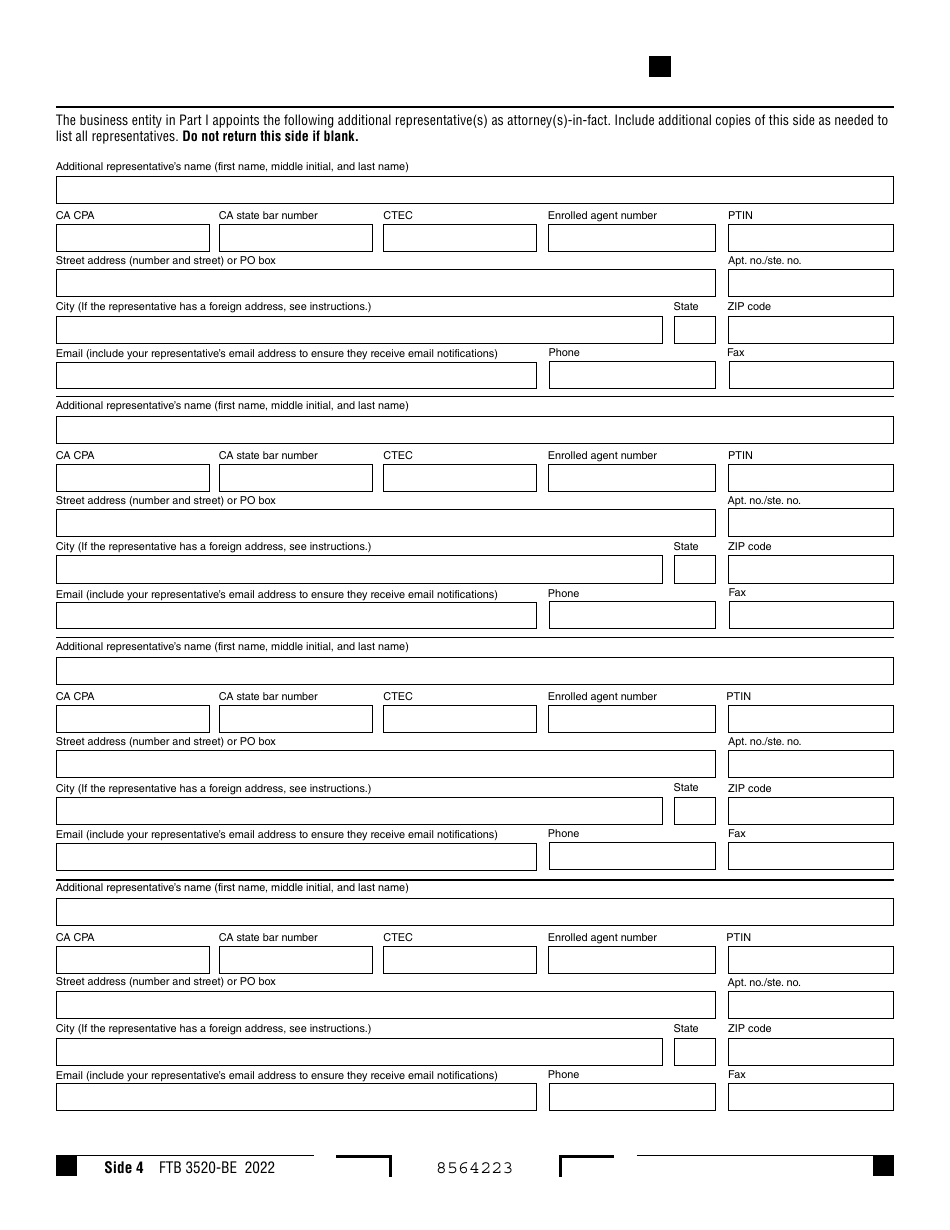 Form FTB3520-BE Business Entity or Group Nonresident Power of Attorney Declaration - California, Page 4