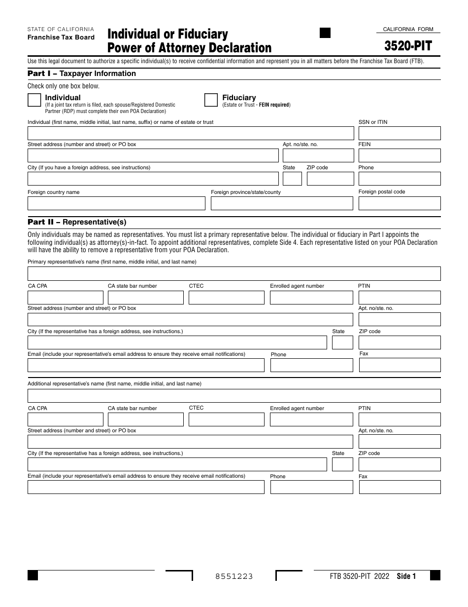 Form FTB3520-PIT Individual or Fiduciary Power of Attorney Declaration - California, Page 1