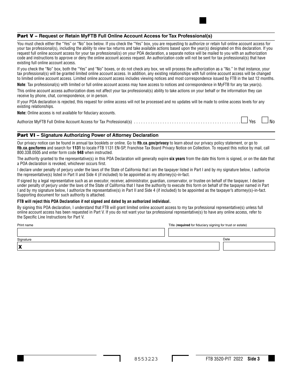 Form FTB3520-PIT Download Fillable PDF or Fill Online Individual or ...