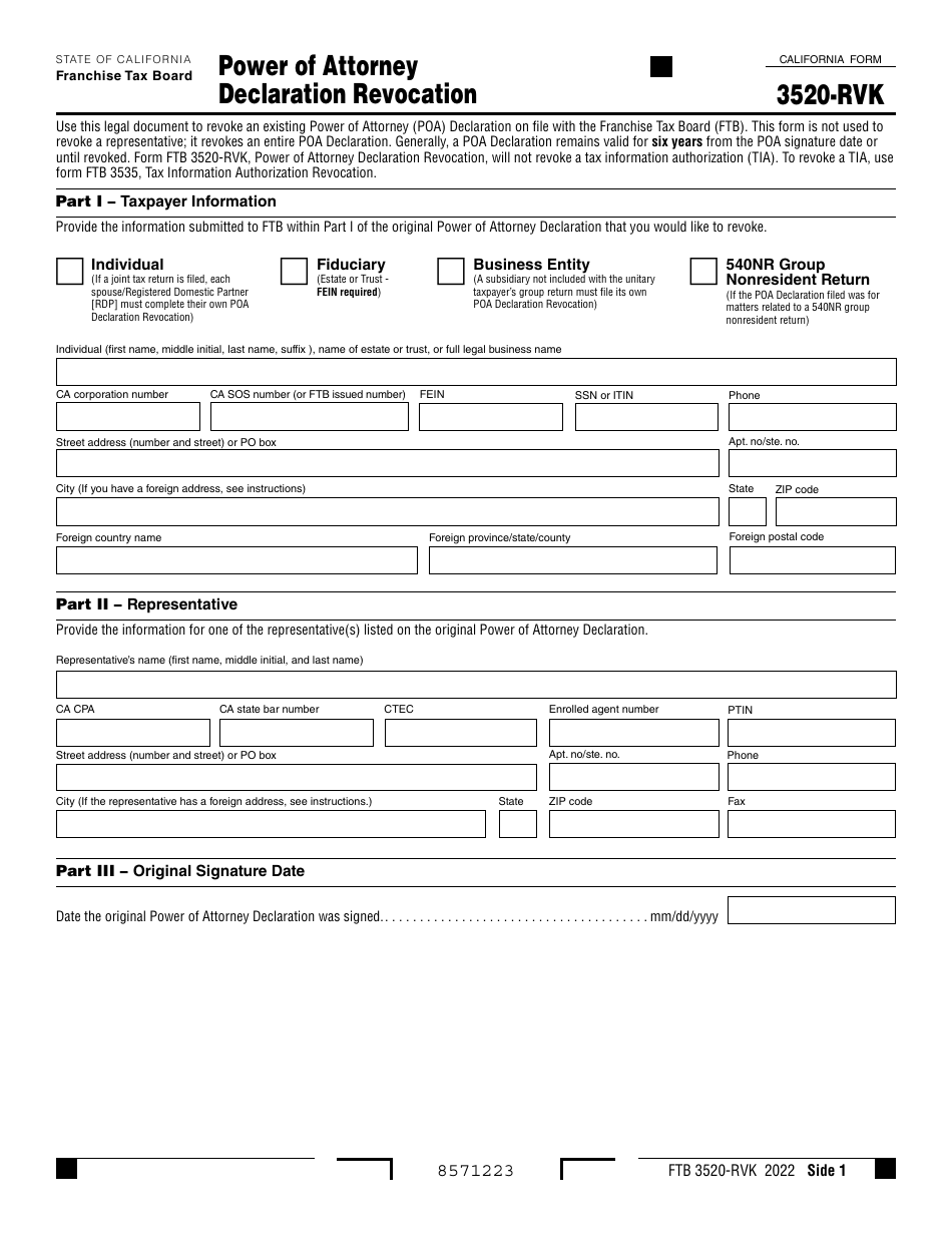 Form FTB3520-RVK Power of Attorney Declaration Revocation - California, Page 1