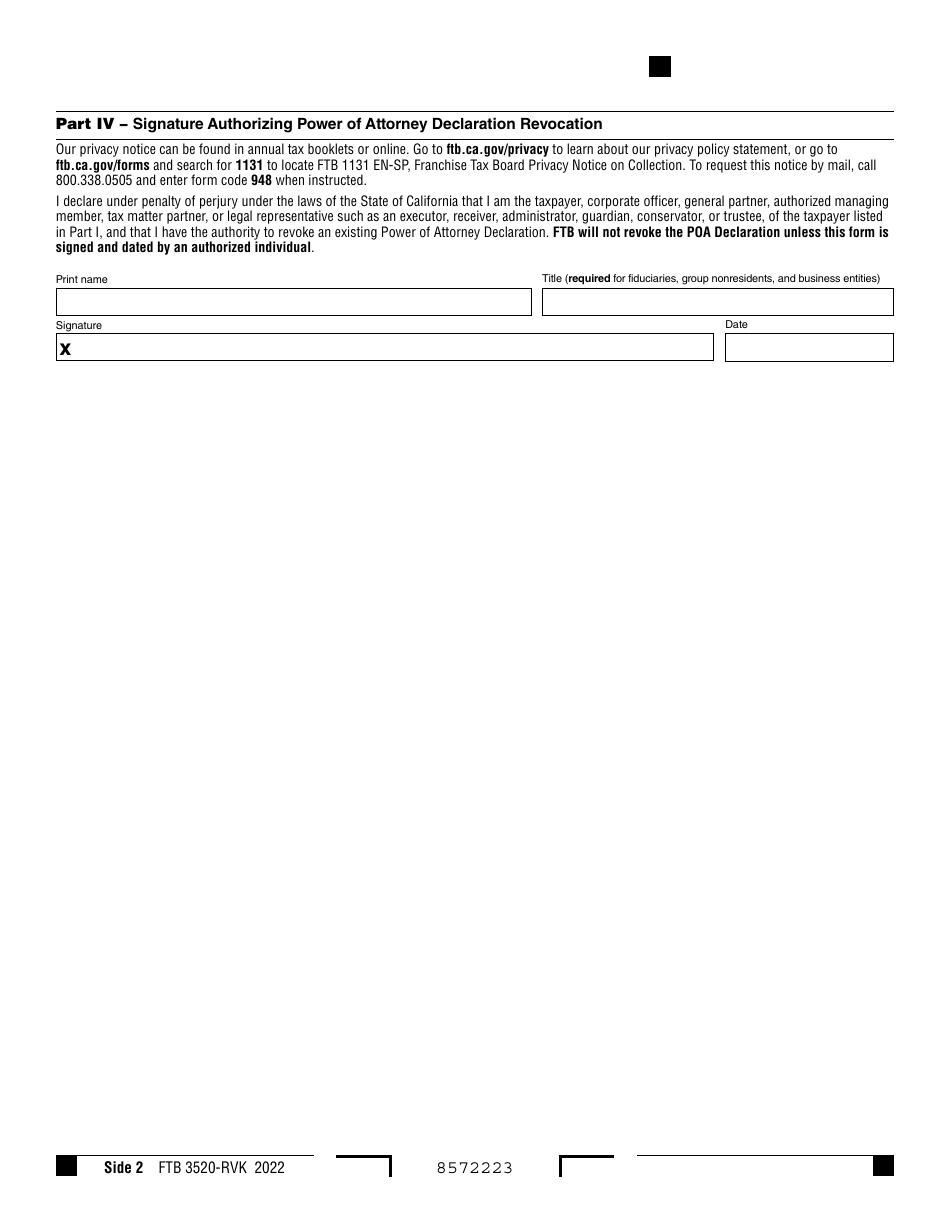 Form FTB3520-RVK Power of Attorney Declaration Revocation - California, Page 2
