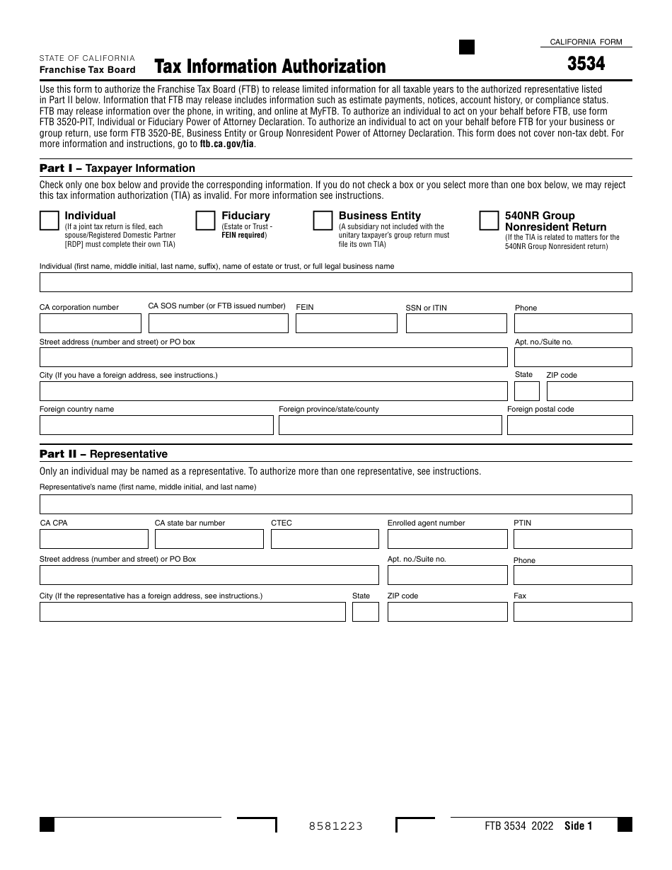 Form FTB3534 Tax Information Authorization - California, Page 1