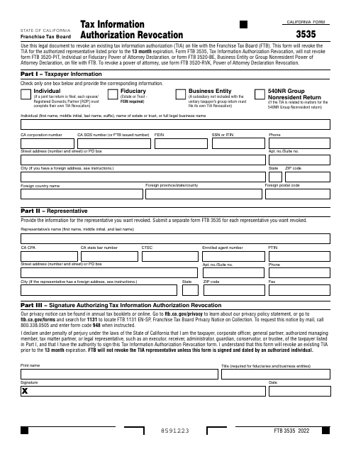Form 3535 Tax Information Authorization Revocation - California, 2022