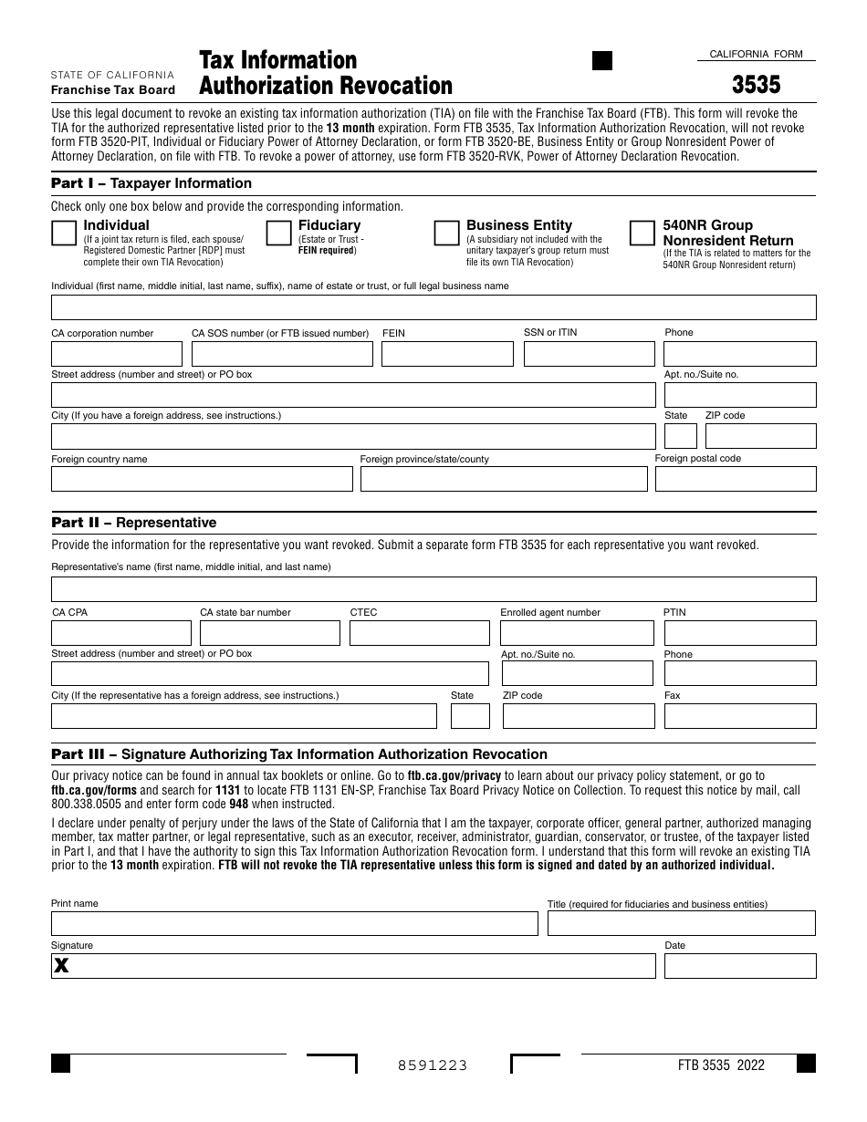 Form 3535 Tax Information Authorization Revocation - California, Page 1