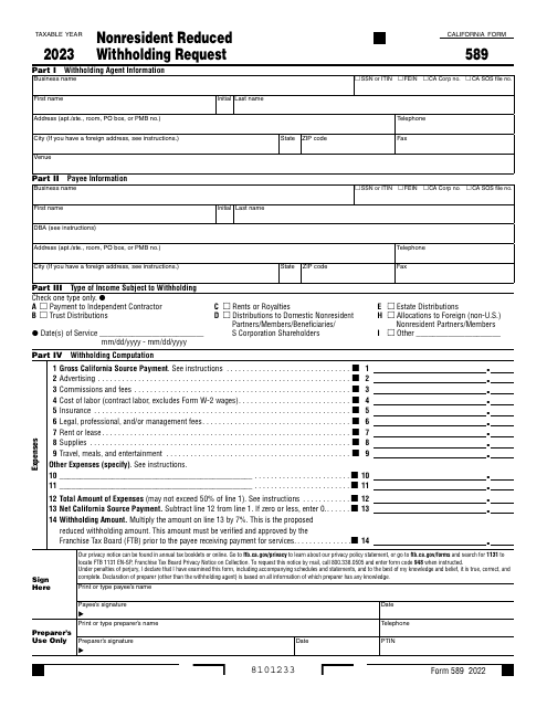 Form 589 Nonresident Reduced Withholding Request - California, 2023