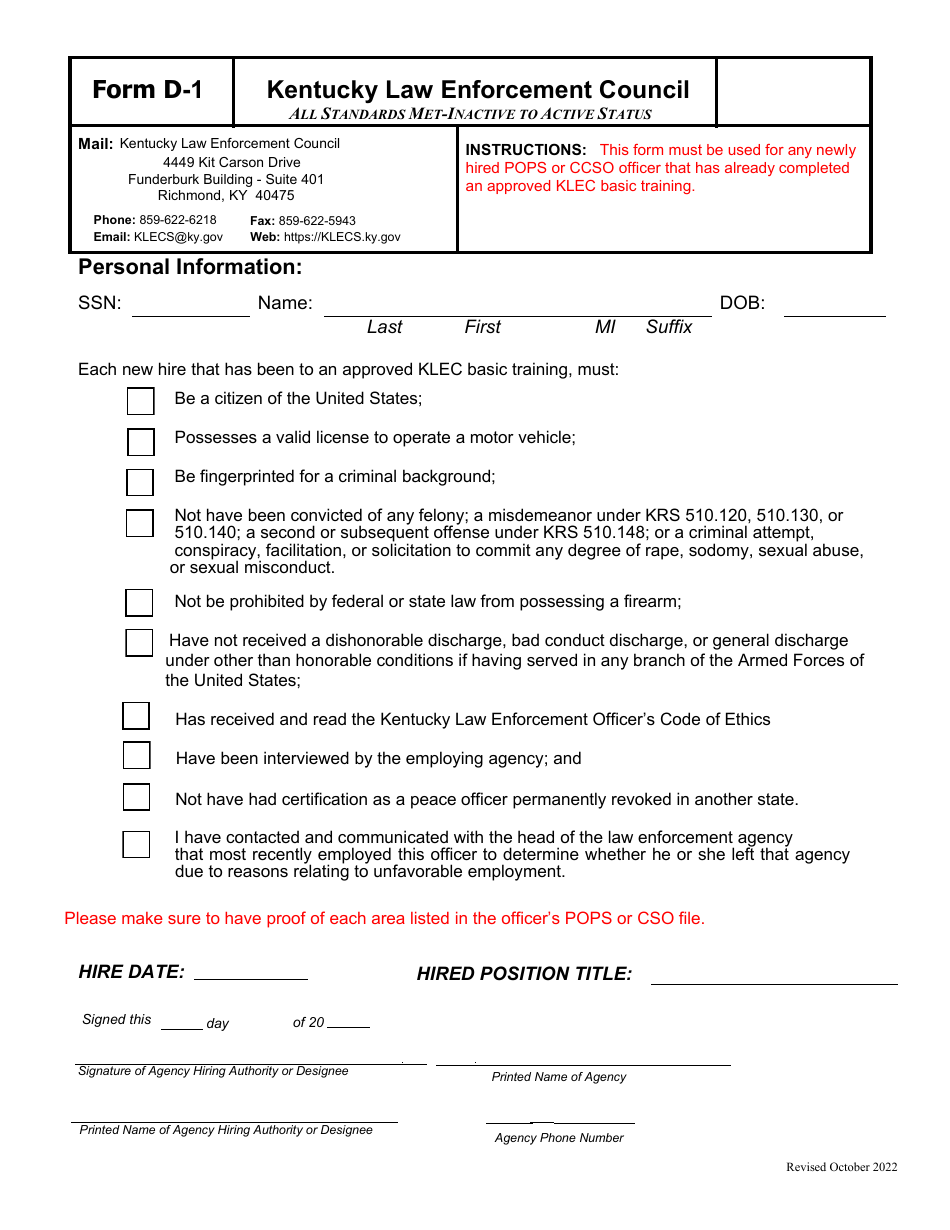 Form D-1 All Standards Met-Inactive to Active Status - Kentucky, Page 1