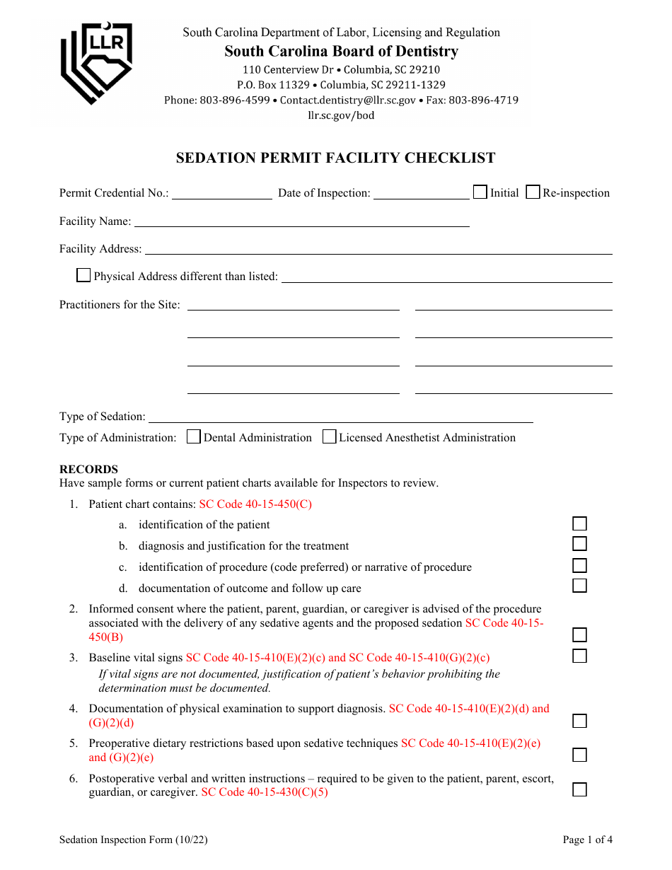 Sedation Permit Facility Checklist - South Carolina, Page 1