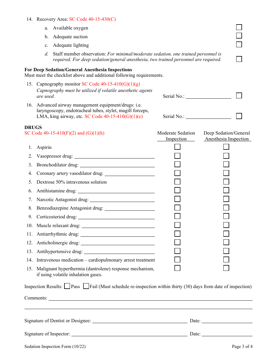 Sedation Permit Facility Checklist - South Carolina, Page 3