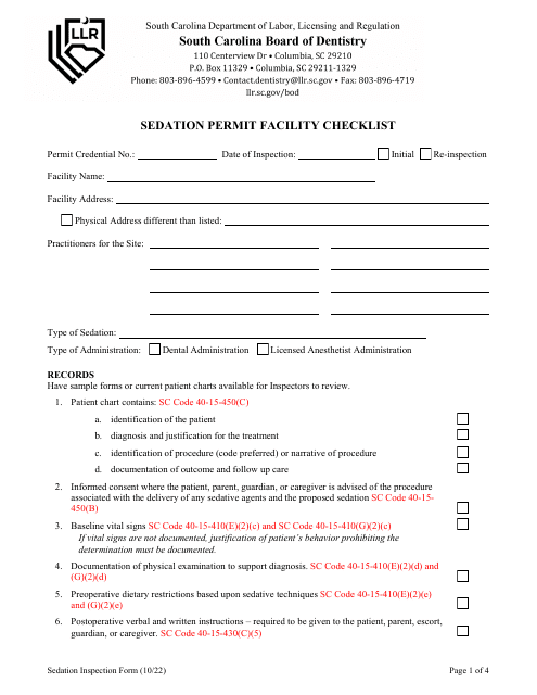 Sedation Permit Facility Checklist - South Carolina Download Pdf