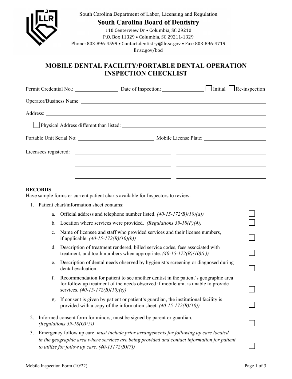 Mobile Dental Facility / Portable Dental Operation Inspection Checklist - South Carolina, Page 1