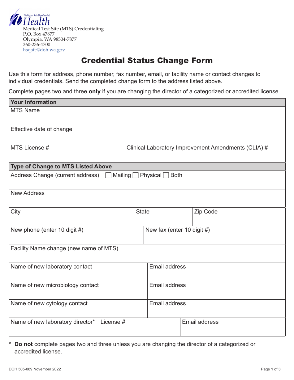DOH Form 505-089 Credential Status Change Form - Washington, Page 1