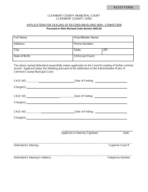 Application for Sealing of Record Involving Non-conviction - Clermont County, Ohio Download Pdf