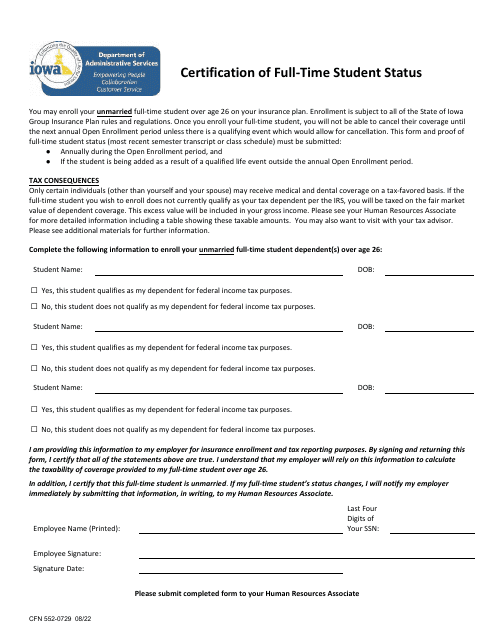 Form CFN552-0729 Certification of Full-Time Student Status - Iowa