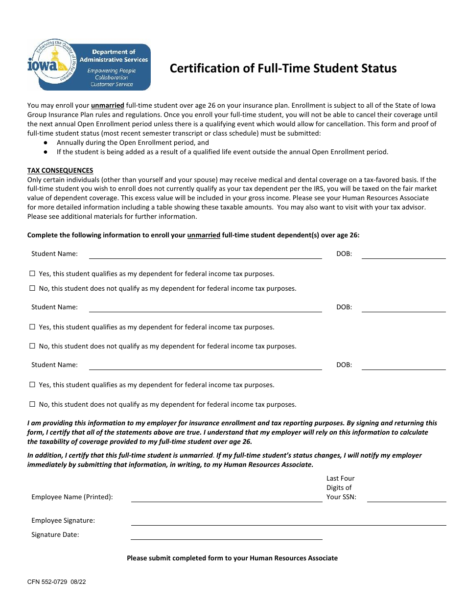 Form CFN552-0729 Certification of Full-Time Student Status - Iowa, Page 1