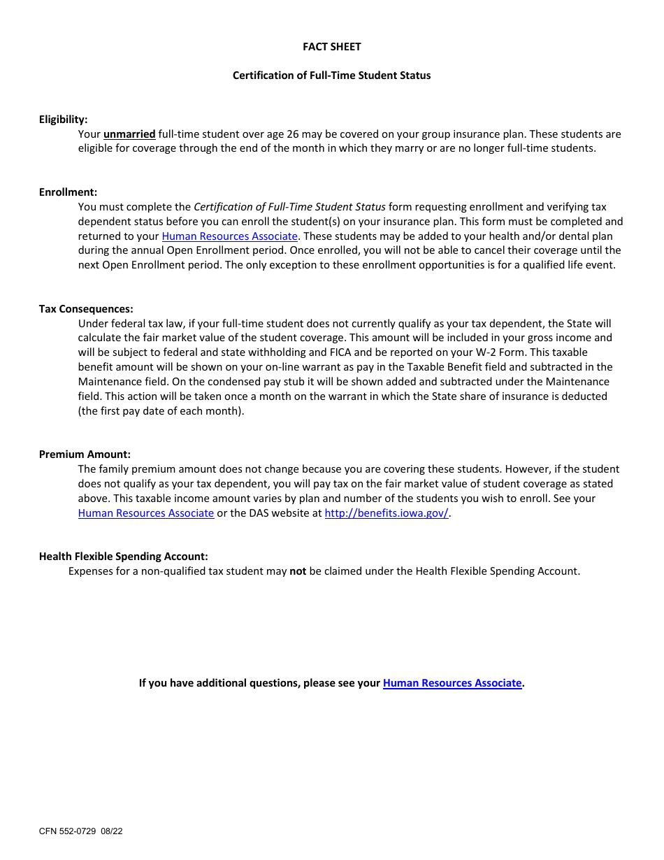 Form CFN552-0729 Certification of Full-Time Student Status - Iowa, Page 2