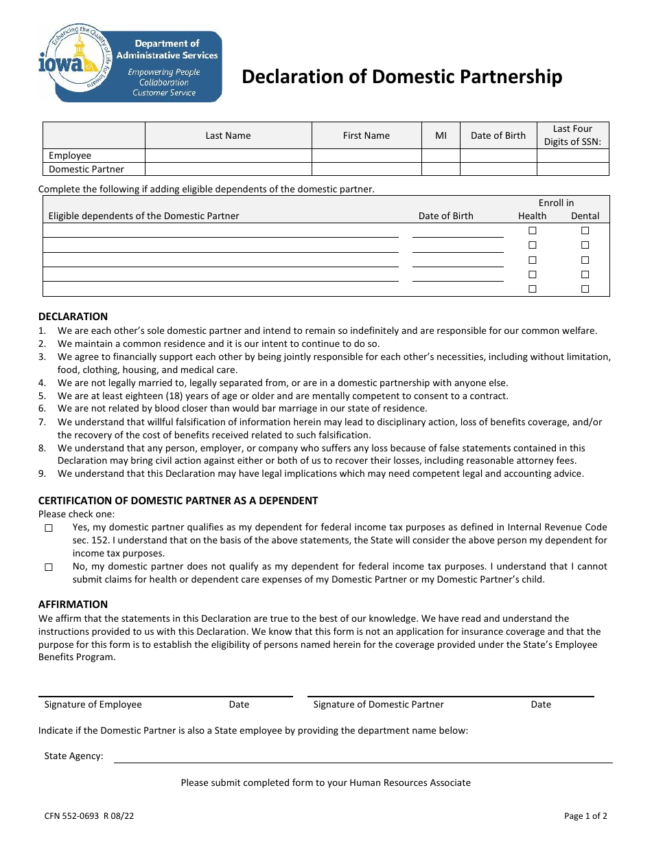 Form CFN552-0693 Declaration of Domestic Partnership - Iowa, Page 1