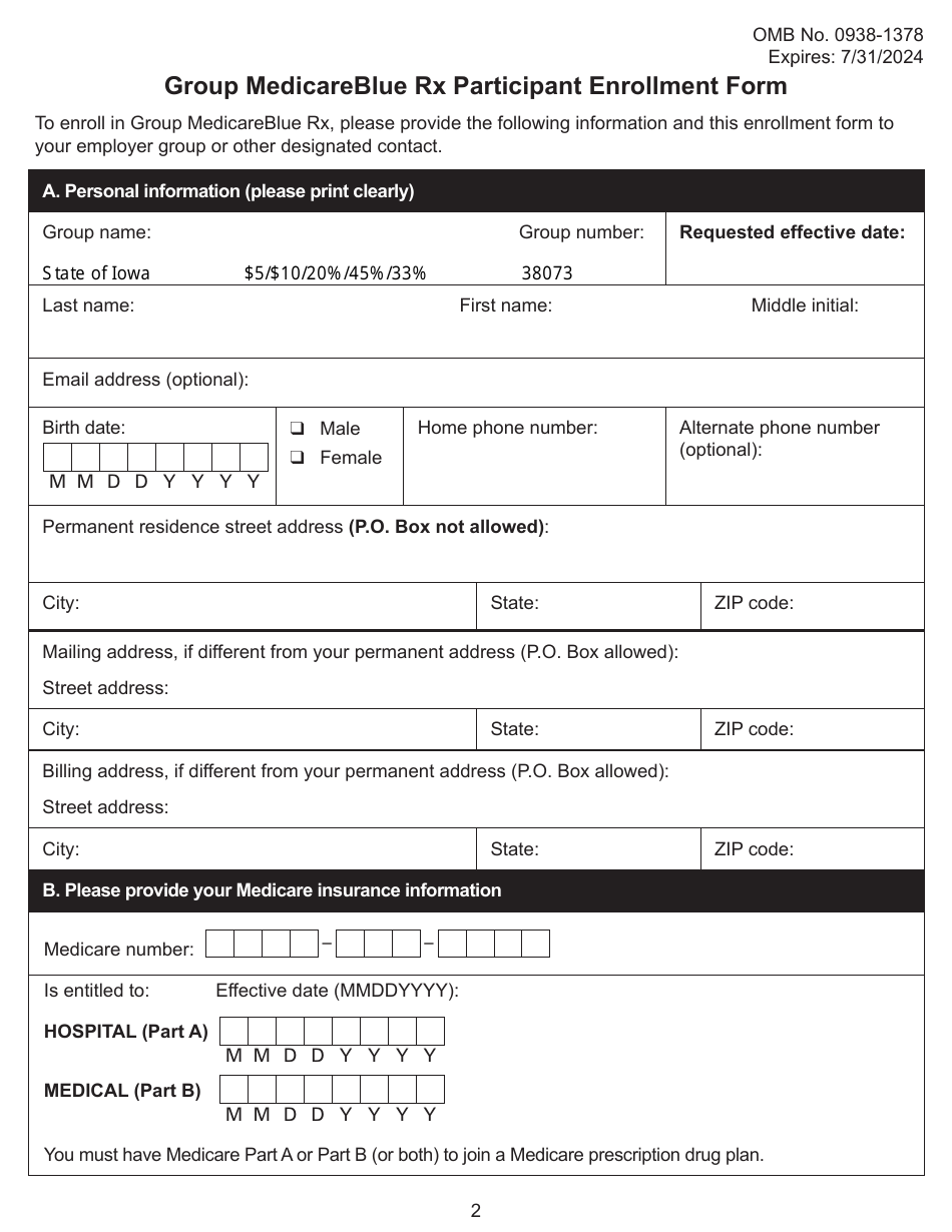 Group Medicareblue Rx Participant Enrollment Form - Iowa, Page 2