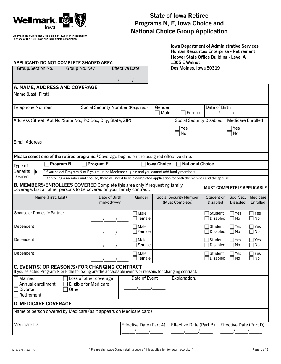Form M-57176 Wellmark Group Application - State of Iowa Retiree Programs N, F, Iowa Choice and National Choice - Iowa, Page 1