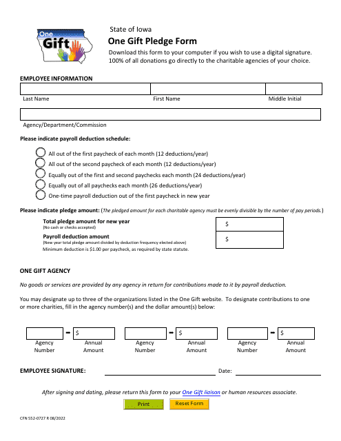 Form CFN552-0727 One Gift Pledge Form - Iowa