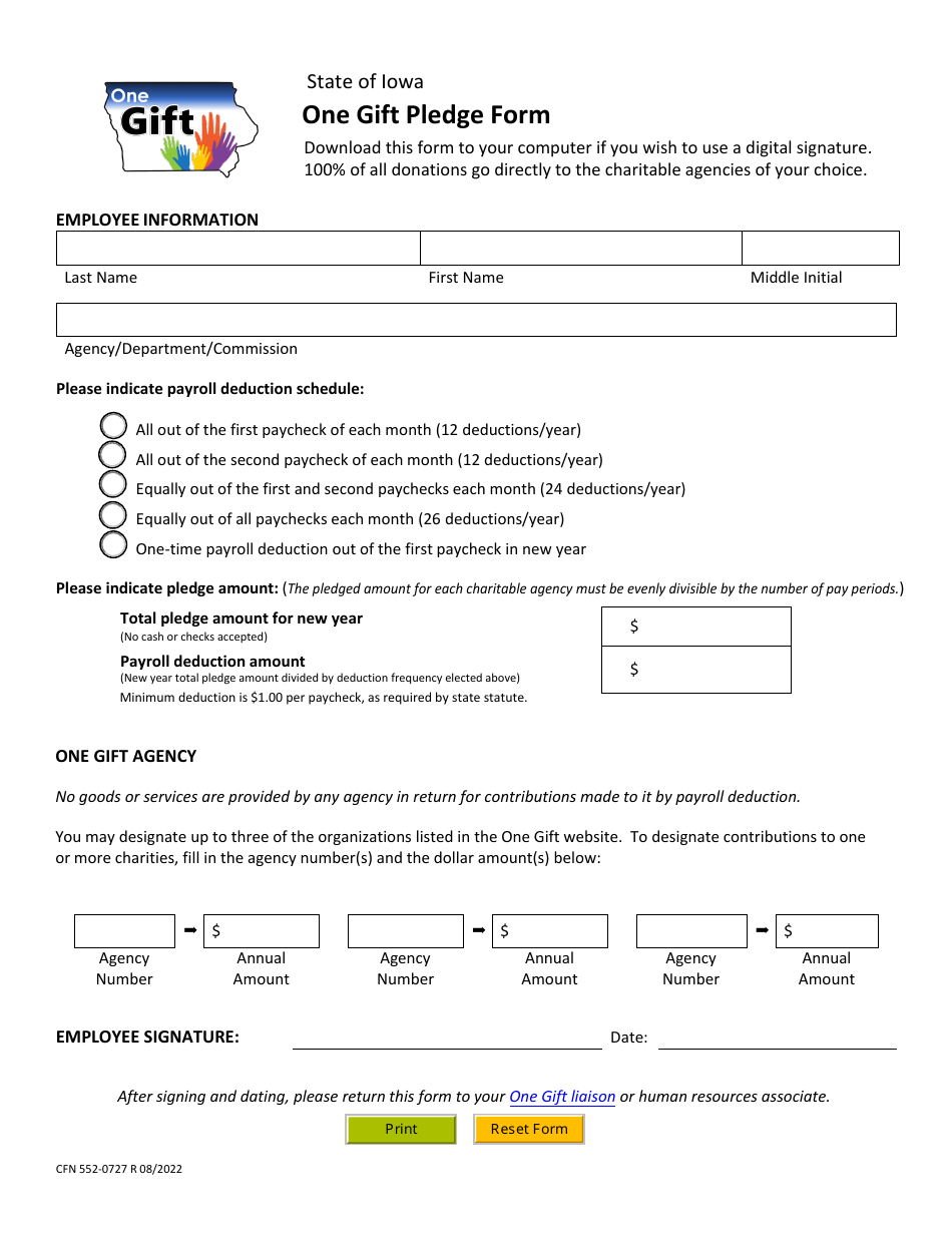 Form CFN552-0727 One Gift Pledge Form - Iowa, Page 1