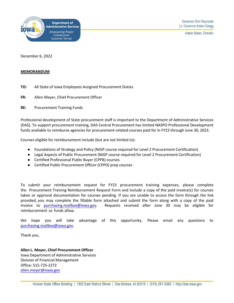 Request Form for Reimbursement of Procurement Training Costs - Iowa, Page 1
