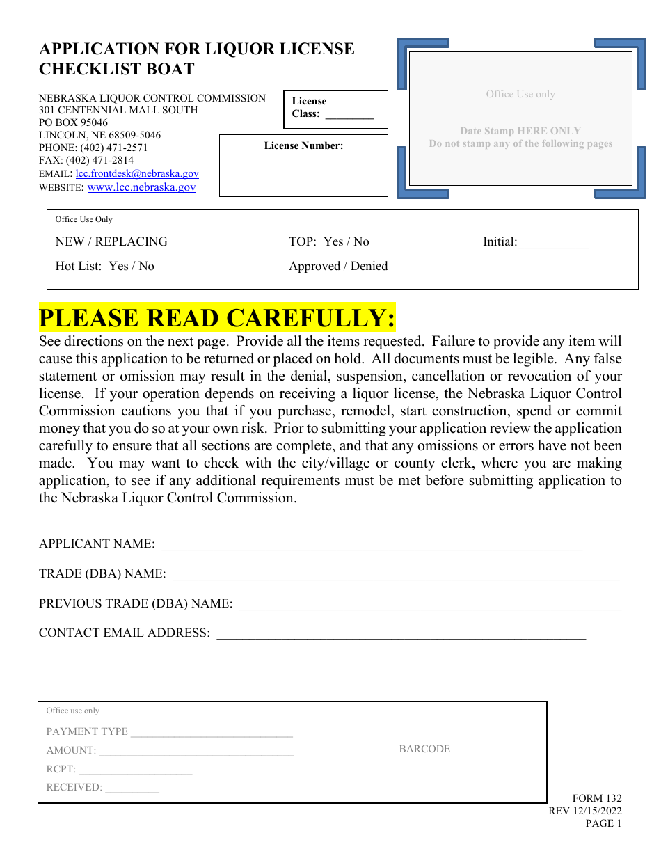 Form 132 Application for Liquor License - Boat - Nebraska, Page 1