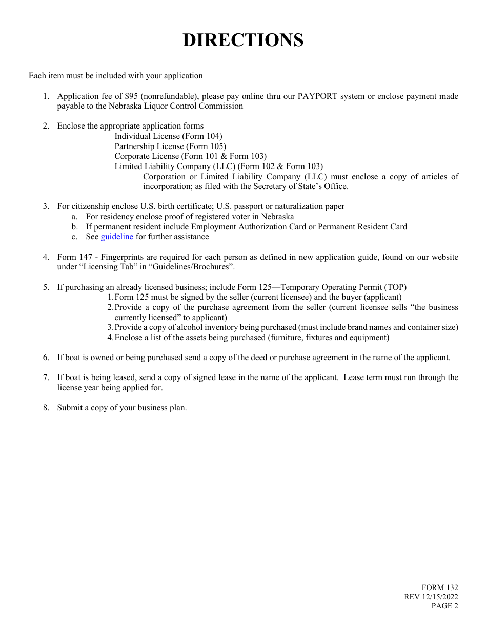 Form 132 Application for Liquor License - Boat - Nebraska, Page 2