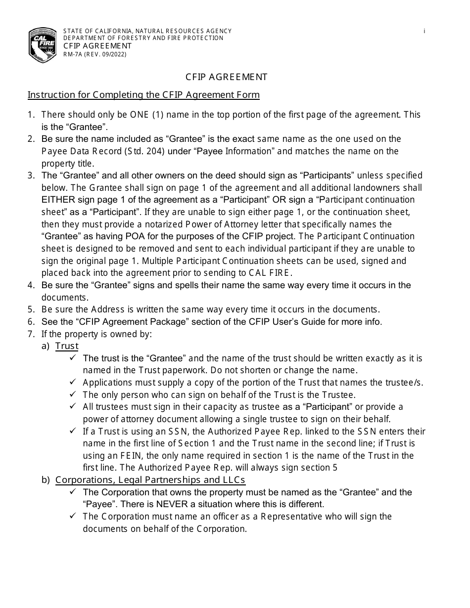 Form RM-7A Cfip Agreement - California, Page 1